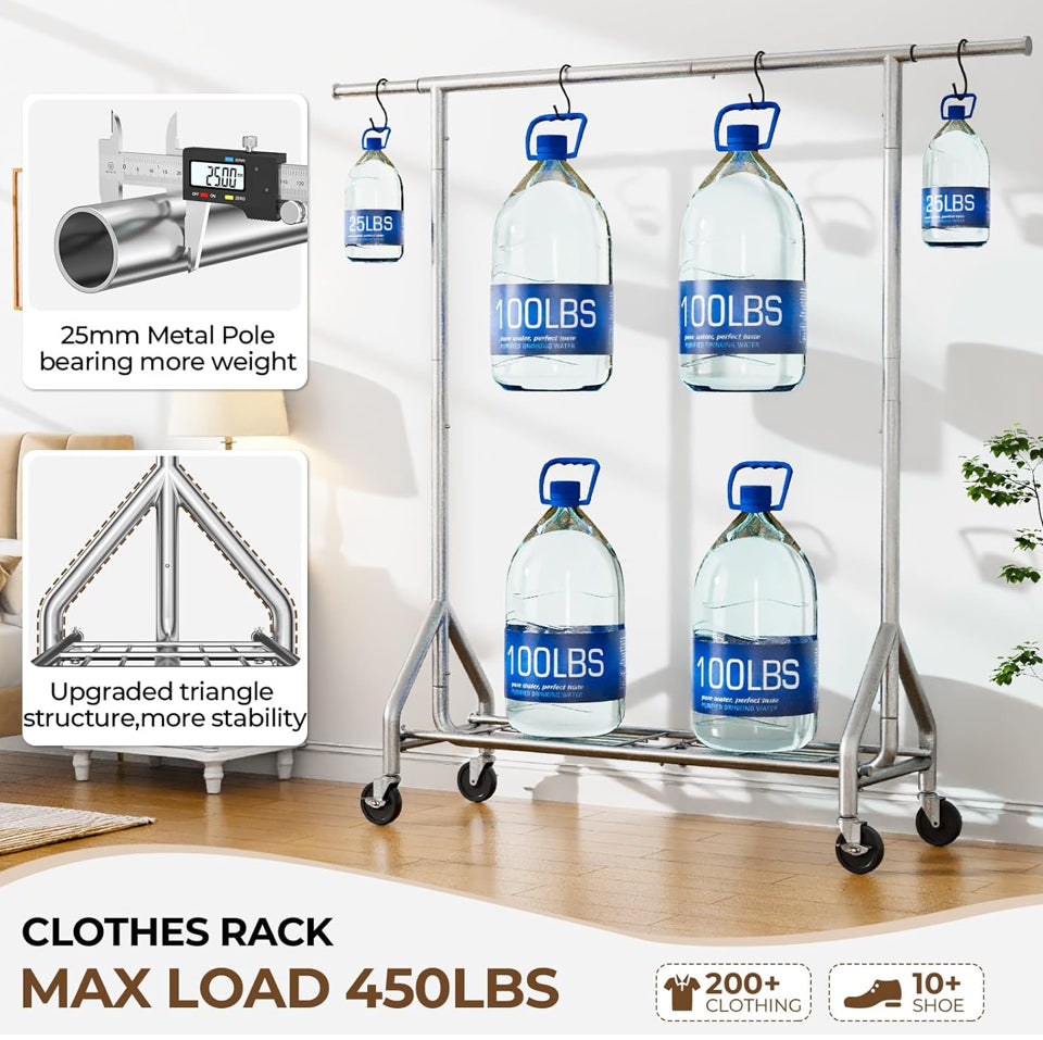 Open Box HYSEYY Heavy Duty Clothes Rack Load 450 LBS, Metal Garment Rack, Standing Rolling Clothing Rack for Hanging Clothes with Sturdy Wheels & Shel