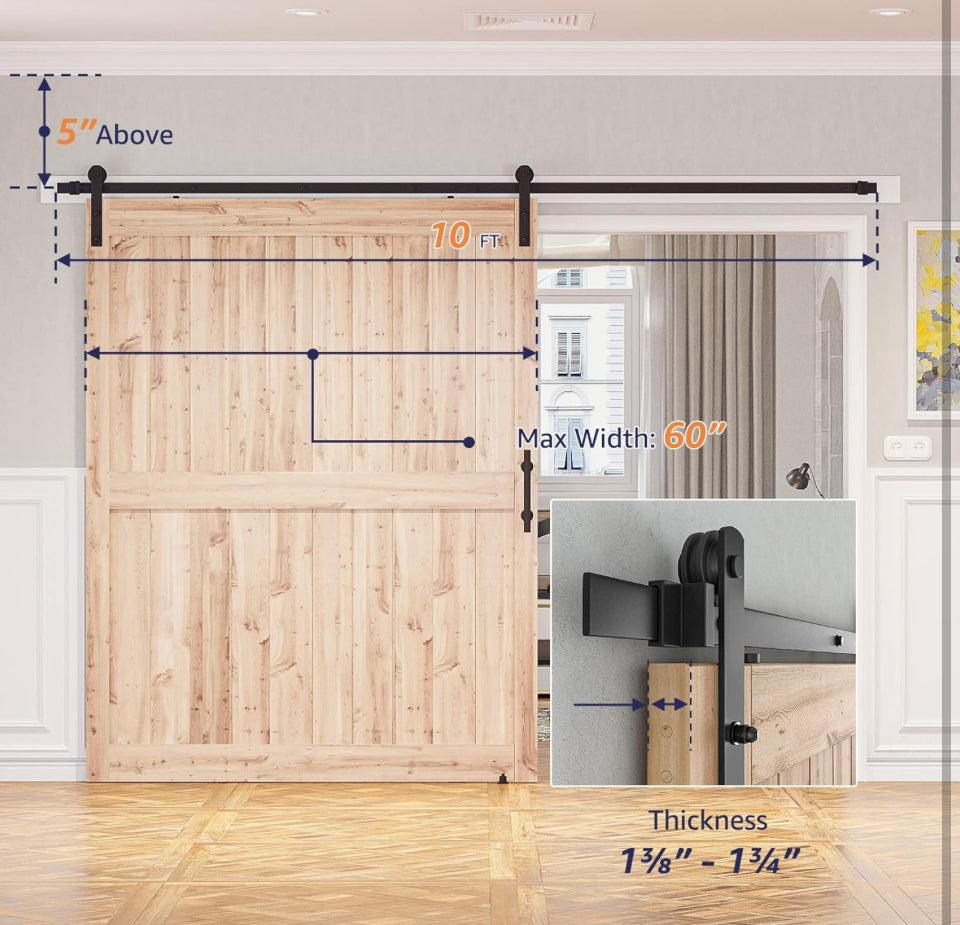SMARTSTANDARD 10 FT Heavy Duty Sturdy Sliding Barn Door Hardware Kit, Black, (Whole Set includes 1x Pull Handle Set & 1x Floor Guide) Fit 60" Wide Door - Selzalot