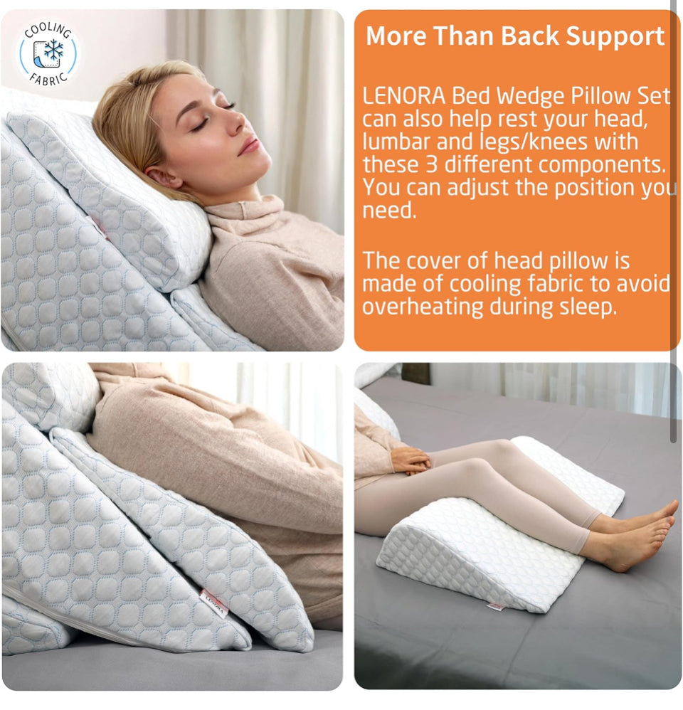 Open Box LENORA Adjustable Orthopedic Bed Wedge Pillow Set, Reading Pillow & Back Support for Sleeping, Memory Foam Wedge for Lower Back, Knee and Leg