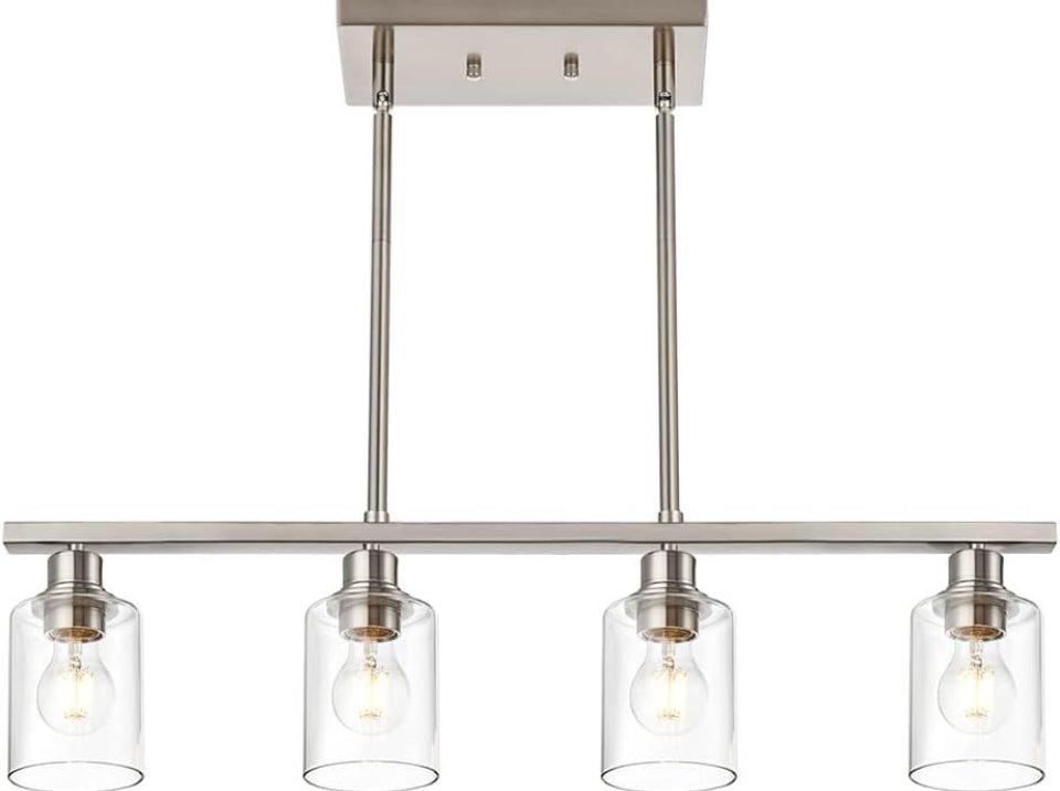 VINLUZ 4 Light kitchen island hanging light fixture with clear glass shade and brushed nickel finish.
