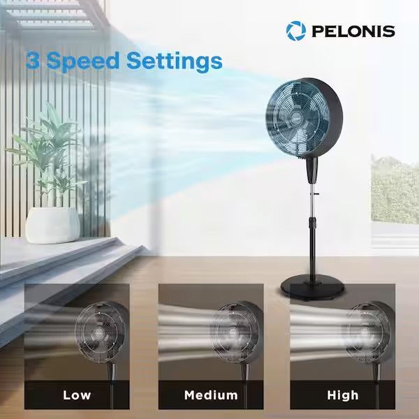 Open Box Pelonis 18 in. 3 Speeds Outdoor Misting Pedestal Fan in Black with 80° Oscillation 1600 CFM for up to 500 sq. ft