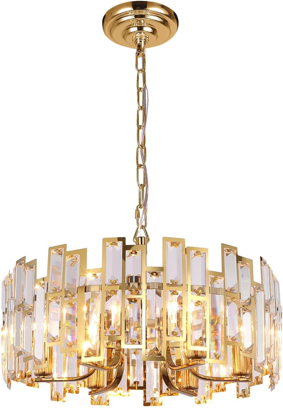 Modern gold chandeliers lighting with crystal accents and six light bulbs, hanging pendant fixture for bedroom or dining room ceiling.
