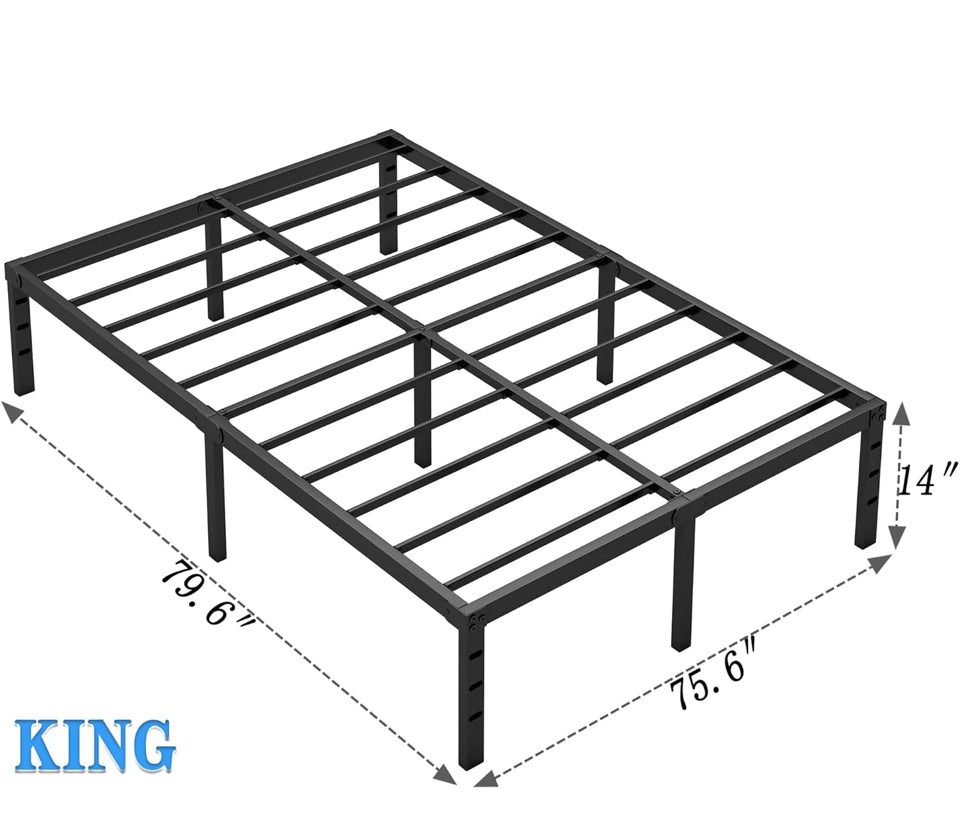 JETO Metal Bed Frame,King Size Bed Frame with Storage Space,Heavy Duty Sturdy Mattress Foundation,Easy Assembly,No Box Spring Needed, Black,14 Inch,King