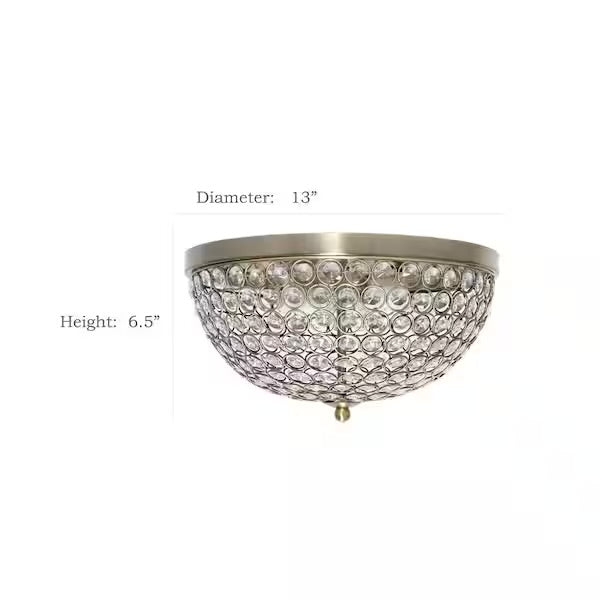 Open Box Elegant Designs Elipse 13 in. 2-Light Antique Brass Crystal Flush Mount Ceiling Light