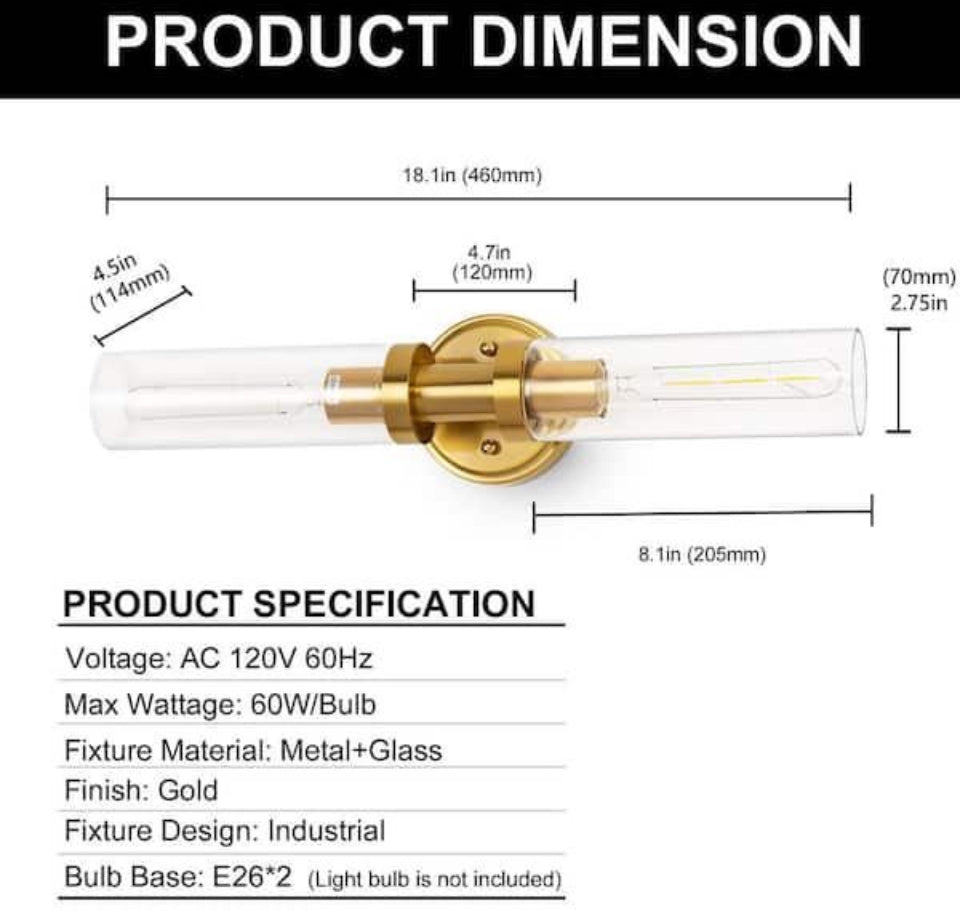 Open Box New YANSUN 18 in. 2-Light Gold Bathroom Sconces with Clear Glass, Bathroom Vanity Light Fixtures, Modern Wall Lights for Mirror