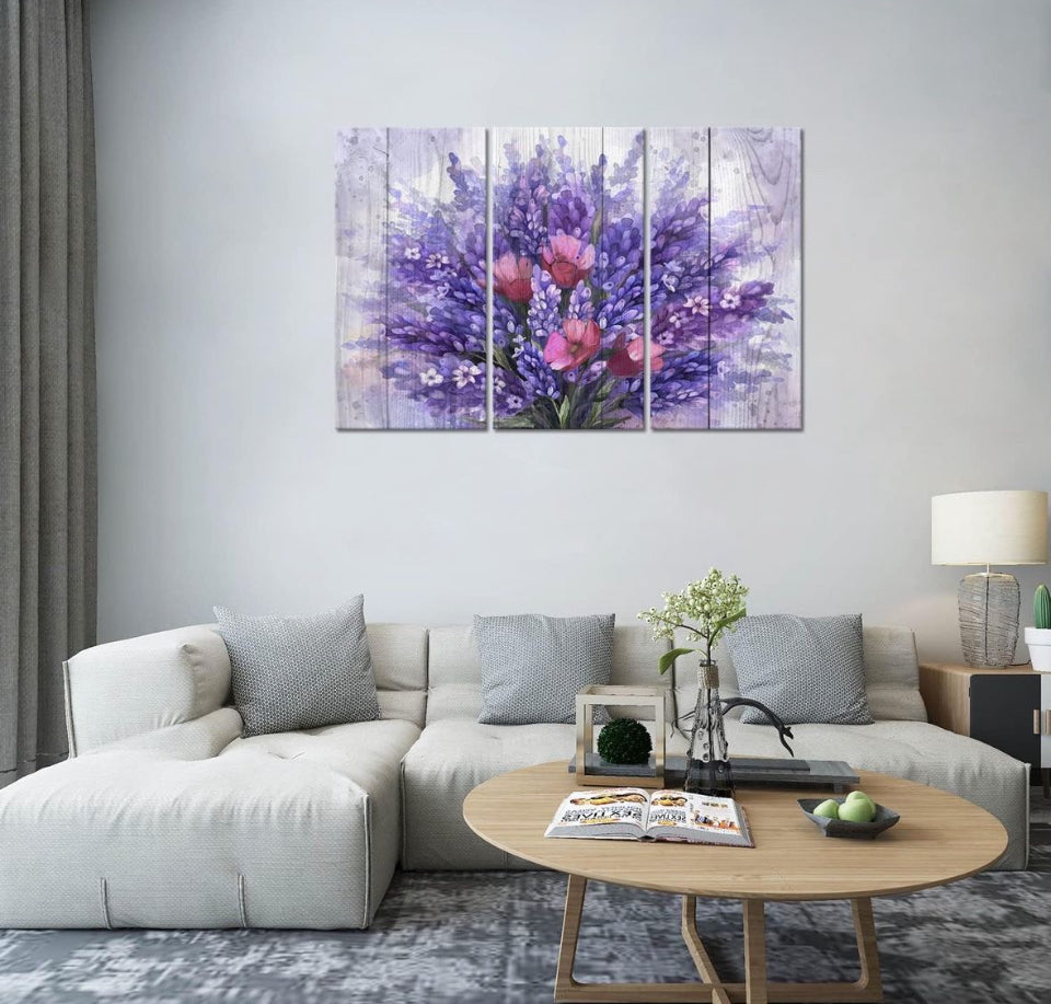 Open Box New Flower Wall Art,3 Piece Purple Lavender on the Wood Grain Background Canvas Print Nature Lilac Wall Art for Living Room Bedroom Wall Pain