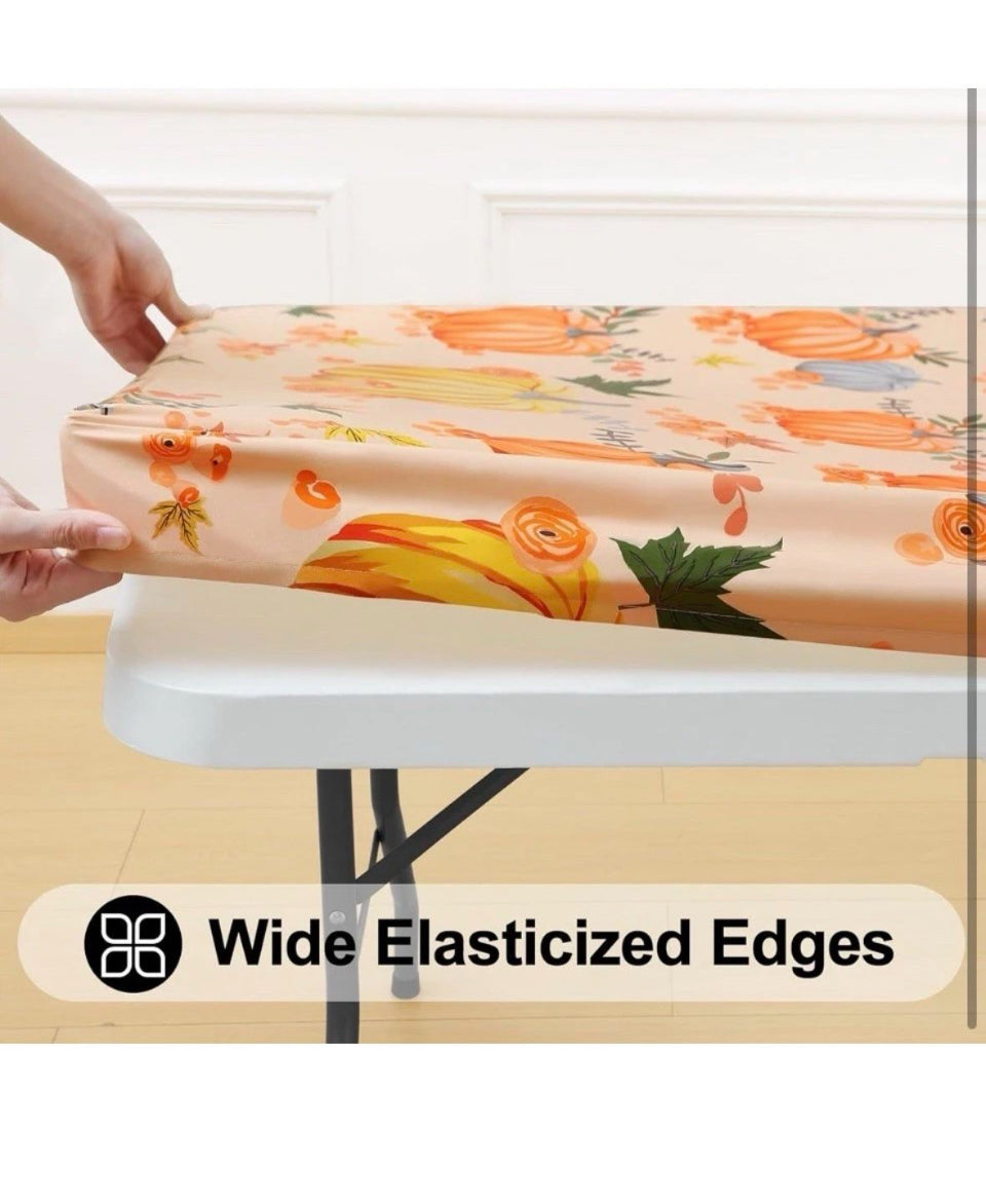 New Smiry Plastic Thanksgiving Tablecloth, Pumpkin Waterproof Elastic Fitted