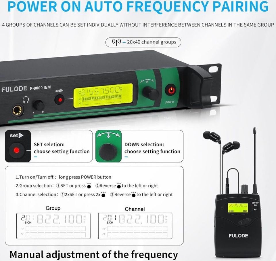 Open Box IEM UHF Wireless in Ear Monitor System 2 Channel 8 Bodypacks Monitoring with in Earphone, 2x40 UHF Frequencies, for Stage, Studio