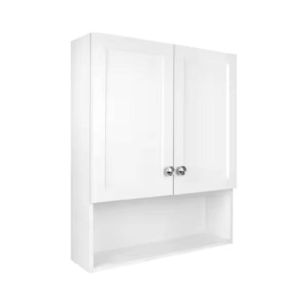 White Glacier Bay 22-7/8 in. W. x 27-7/8 in. H framed surface-mount bathroom medicine cabinet with shaker style doors and open shelf
