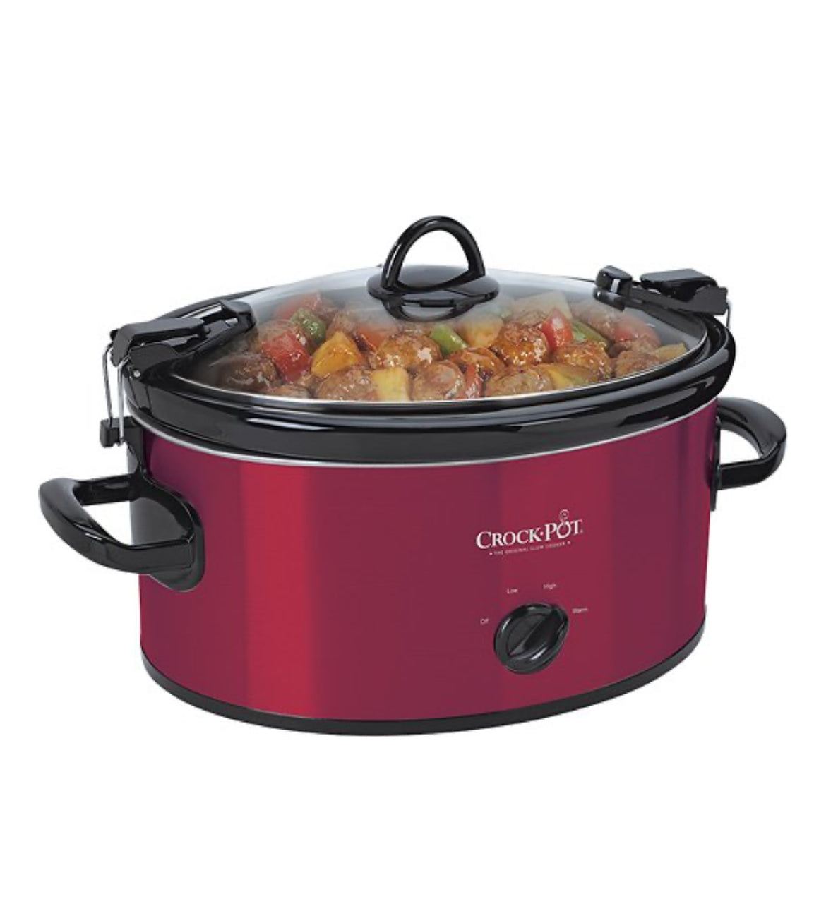 Red Crock-Pot 6-Quart slow cooker with glass lid and cooked stew inside