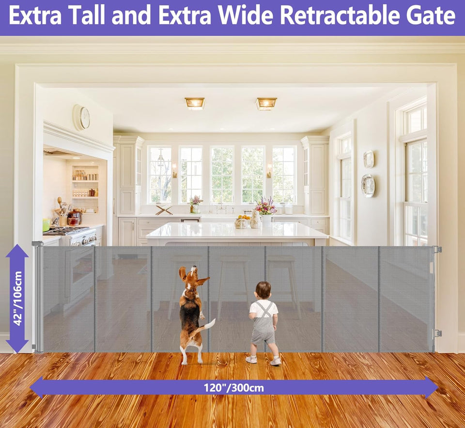 Open Box Stcockis 42" Tall X 120" Wide Retractable Baby Gates Extra Wide Dog Gate Keeps Pets from Getting Under Tall Baby Gate, Indoor/Outdoor Pet Gat