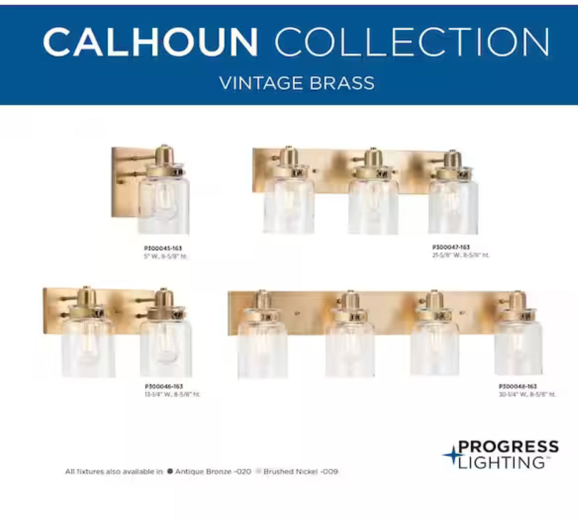 Progress Lighting Calhoun Collection 30-1/4 in. 4-Light Gold Vintage Brass Clear Glass Farmhouse Urban Industrial Bathroom Vanity Light