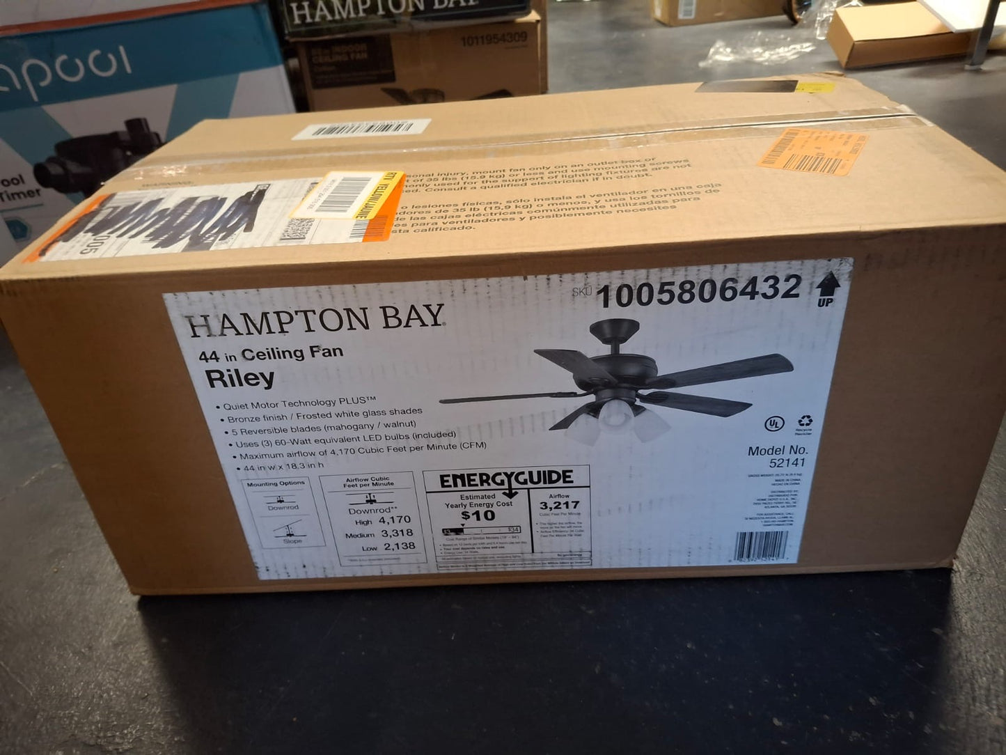 Open Box Hampton Bay Riley 44 in. Indoor LED Bronze Dry Rated Downrod Ceiling Fan with 5 Reversible Blades, Light Kit and Remote Control