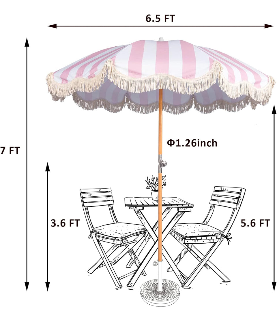 Open Box Funsite 6.5ft Boho Beach Umbrella with Fringe, UPF 50+ Tassel Umbrellas with Carry Bag, Premium Wood Pole Foldable Patio Umbrella for Outdoor