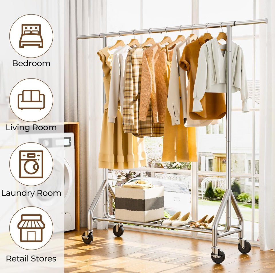 Open Box HYSEYY Heavy Duty Clothes Rack Load 450 LBS, Metal Garment Rack, Standing Rolling Clothing Rack for Hanging Clothes with Sturdy Wheels & Shel