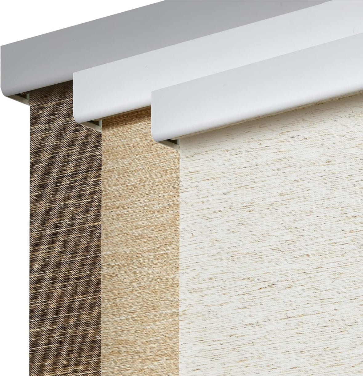 Persilux light filtering window blinds in khaki with natural woven fabric and cordless design.