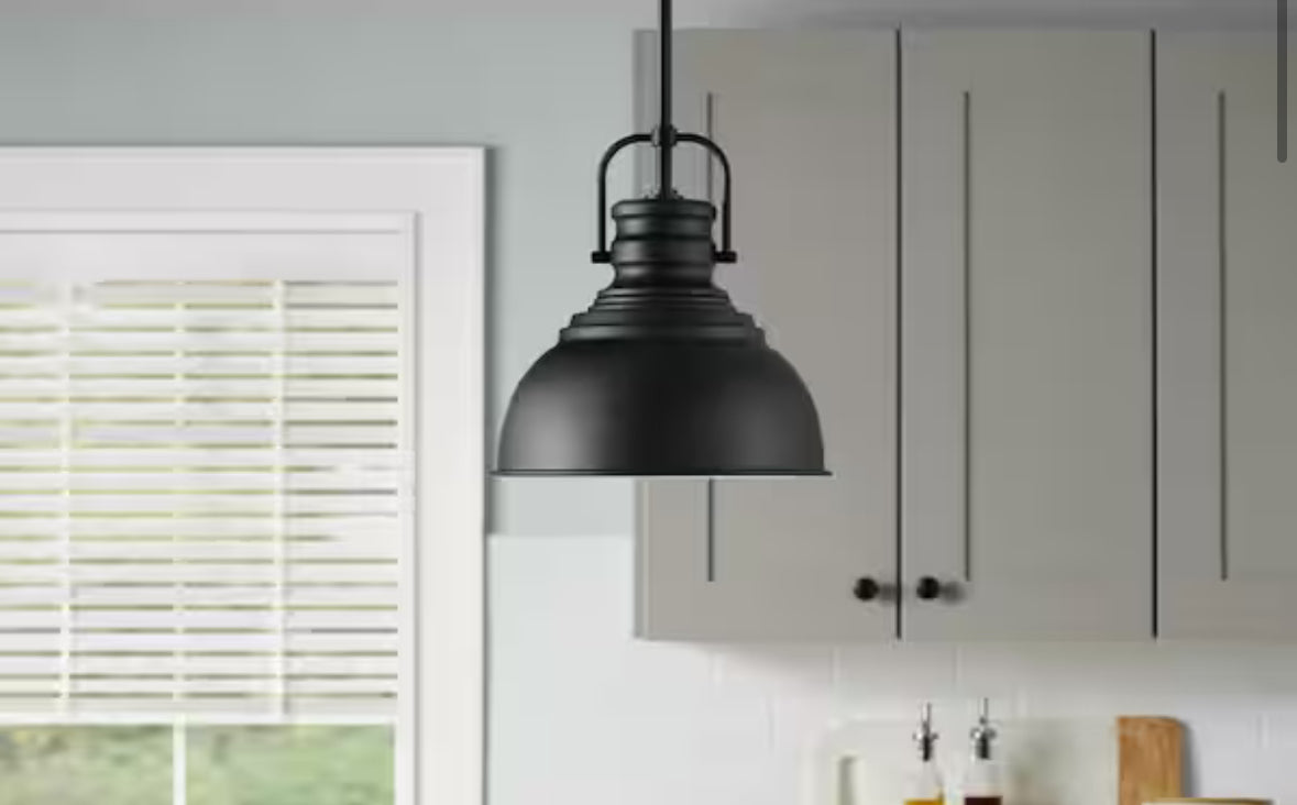 Home Decorators Collection Shelston 10 in. 1-Light Black Farmhouse Pendant Light Fixture with Metal Shade