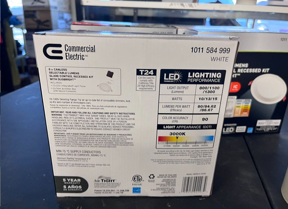 Brand New Commercial Electric Elite Series 6 in. LED DuoBright, 3-Level Lumen Select, Baffle Canless Recessed Light, Adjustable CCT