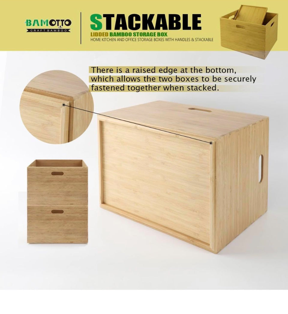 Open Box New BAMOTTO Lidded Bamboo Storage Bins & Box/Cube/Basket, Home Kitchen and Office Storage Boxes with Handles & Stackable for Organizer Table