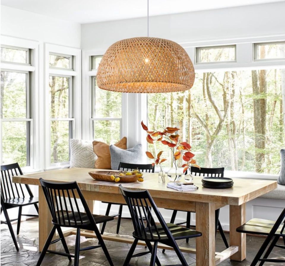 Teru Ji Kaikang Hand Woven Bamboo Pendant Light, 17.7"Bamboo Rattan Ceiling Hanging Light, for Living Room Kitchen Dining Room Farmhouse - Selzalot