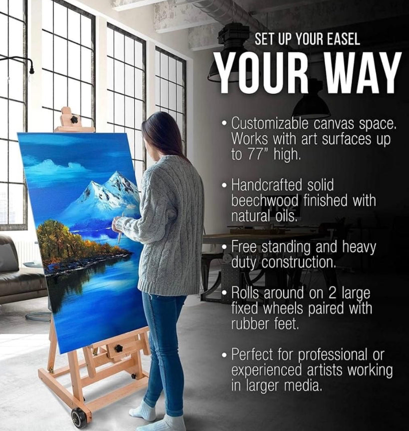 Open Box U.S. Art Supply Mastel Multi-Function Studio Artist Wooden Floor Easel - Large Adjustable H-Frame, Tilts Flat, Mast Adjusts to 97" High - Stu