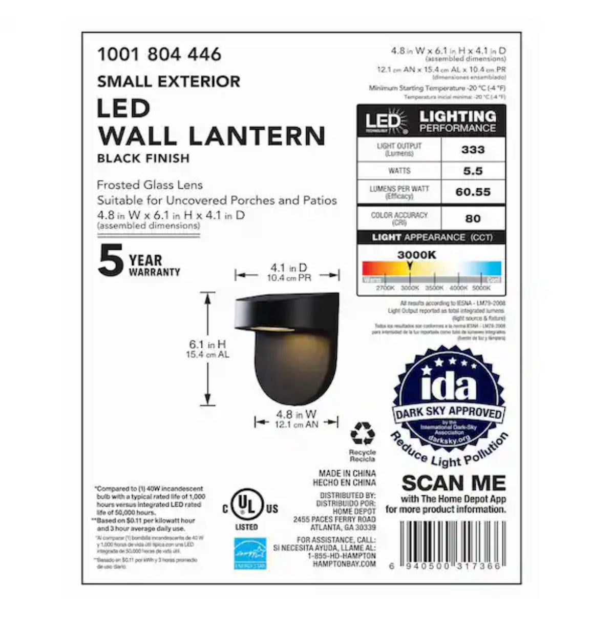 Hampton Bay 6.1 in. Black LED Outdoor Wall Lantern Sconce with Frosted Glass