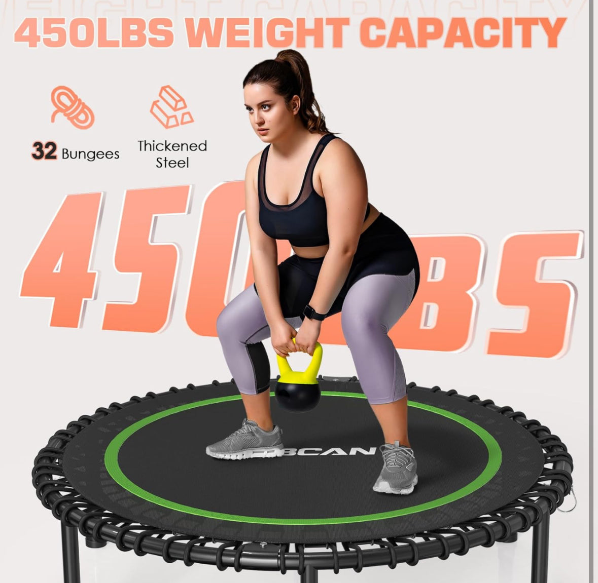 BCAN 450/550 LBS Foldable Mini Trampoline, 40"/48"/50" Fitness Trampoline with Bungees, U/T Shape Adjustable Foam Handle, Stable & Quiet Exercise Rebo