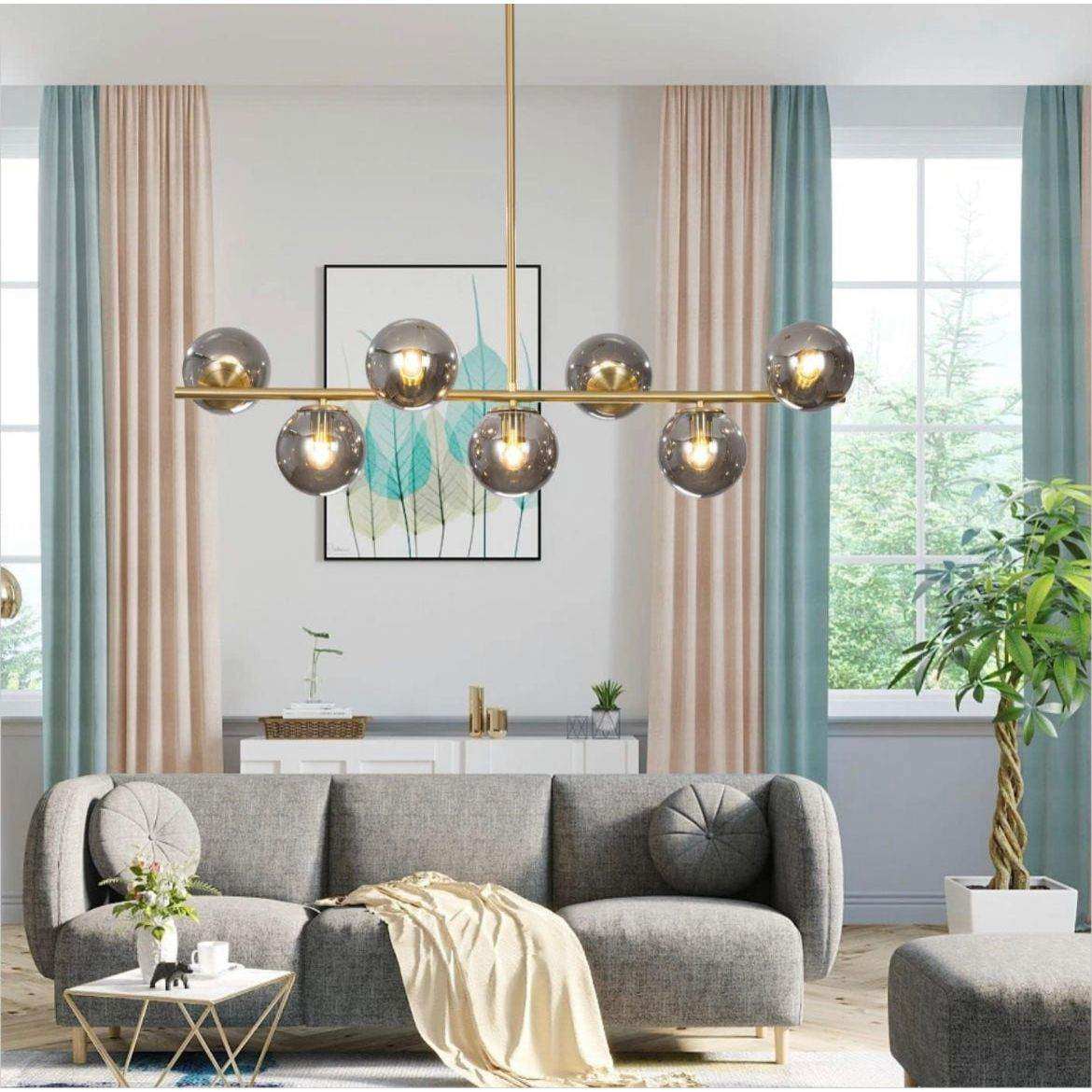 KCO Lighting Mid Century Modern Globe Sputnik Chandelier Gold Brass Pendant Hanging Light Fixture with Smoke Grey Glass Globe 7-Light Pendant Lighting for Kitchen Island Dining Living Room - Selzalot