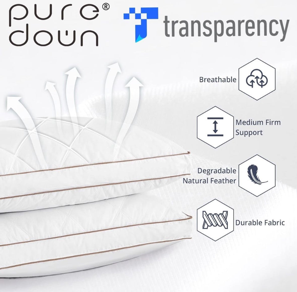 Open Box puredown® Goose Feathers and Down Pillow for Sleeping Gusseted Bed Hotel Collection Pillows, Standard, Set of 2