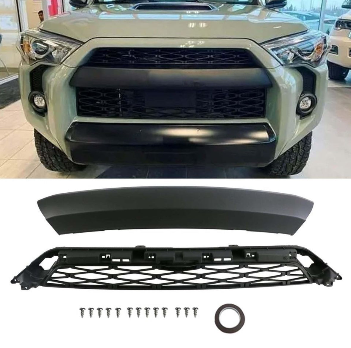 Matte black PACEWALKER front grill for 2020-2023 4Runner with installation hardware and upper grill panel.