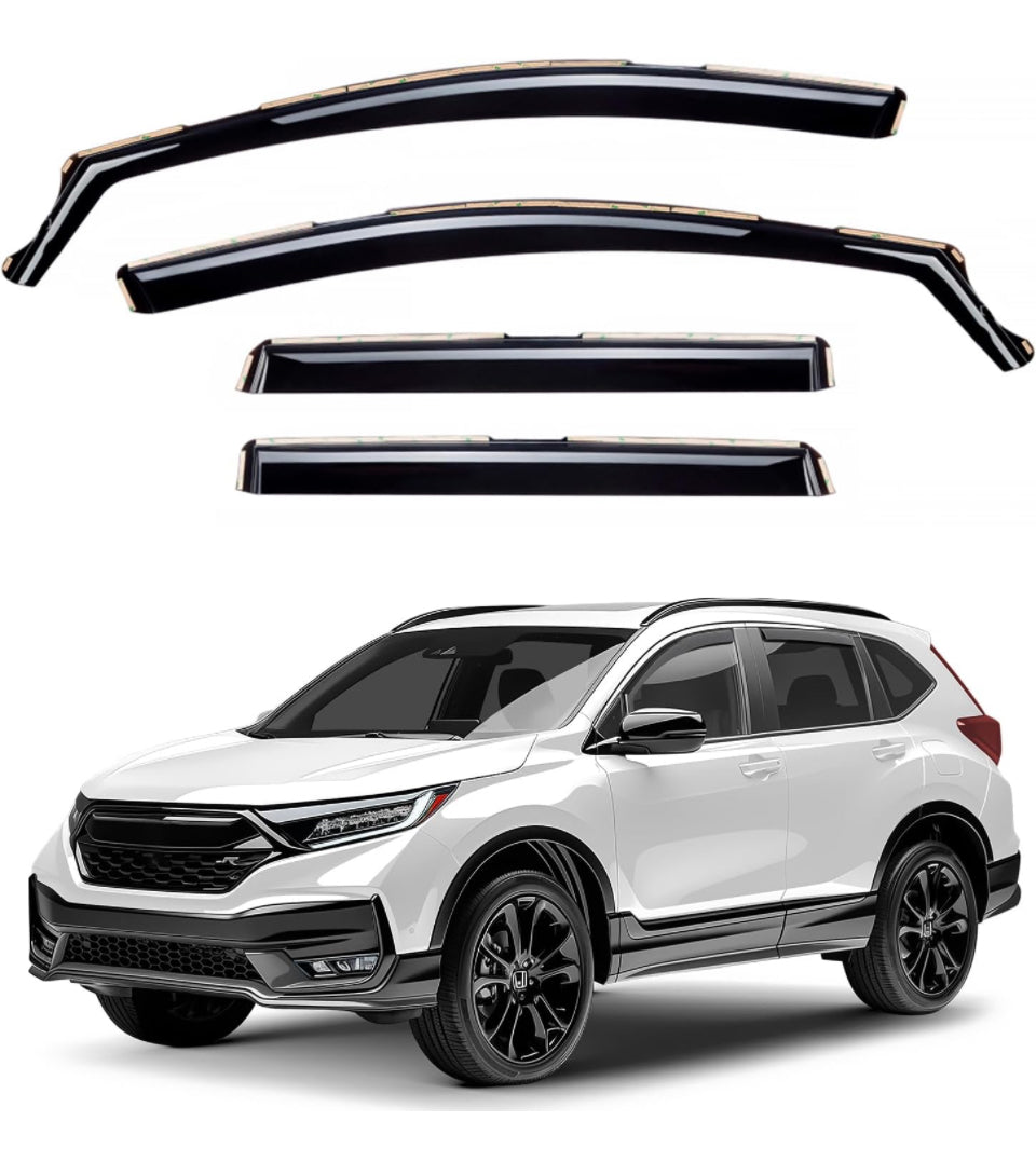 Smoke tinted in-channel side window vent visor deflectors set for Honda CR-V 2017-2022, sleek black polycarbonate rain guards, 4-piece kit.