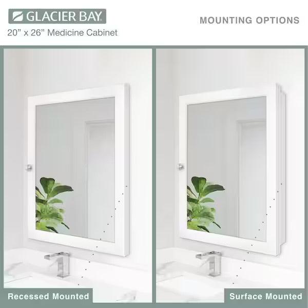 Open Box Glacier Bay 20 in. W x 26 in. HRectangular Framed Recessed or Surface-Mount Bathroom Medicine Cabinet with Mirror, White