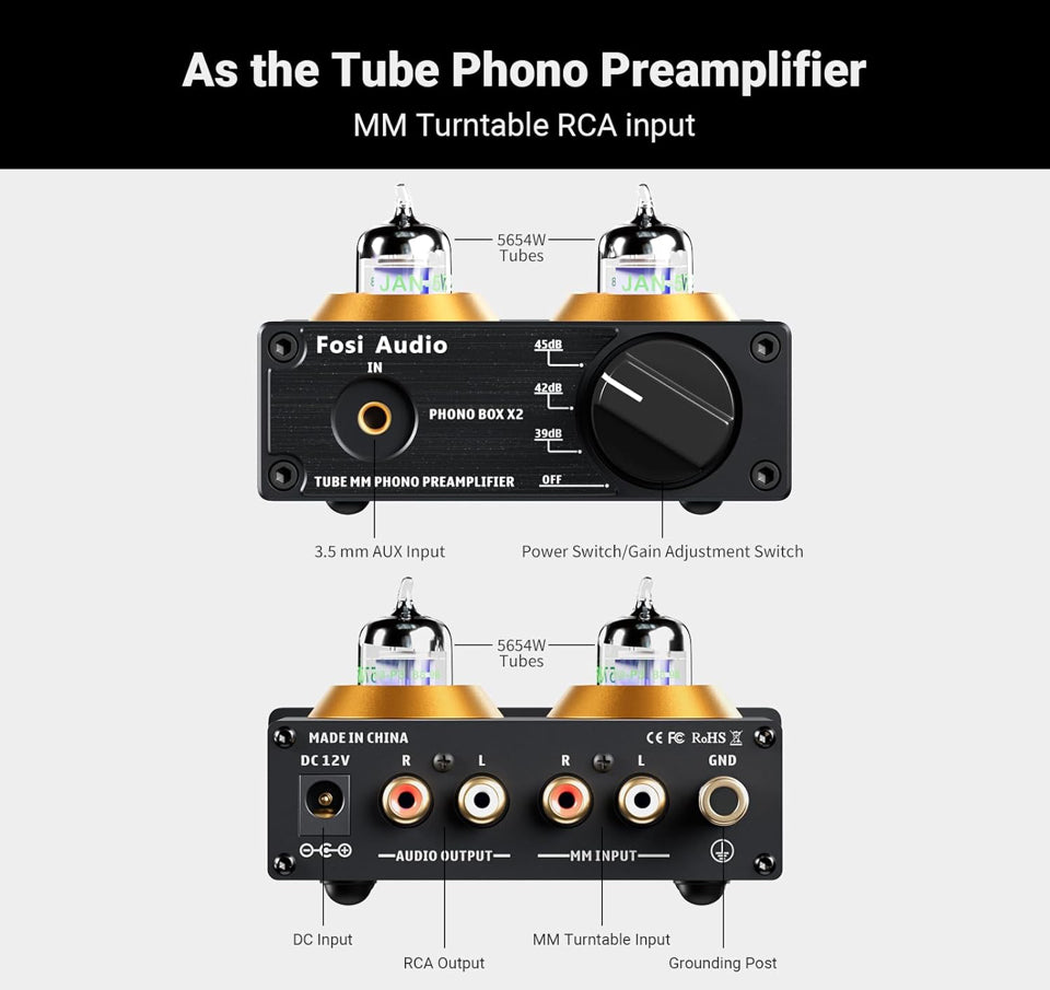 Open Box Fosi Audio Box X2 Phono Preamp, Mini Stereo Audio Hi-Fi Preamplifier with Gain Gear, PreAmplifier for MM Turntable Phonograph and Record Play