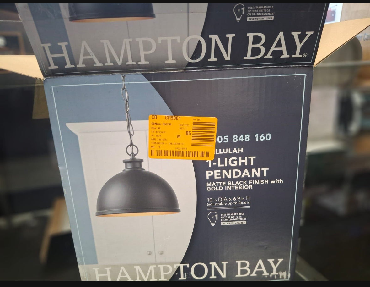 Open Box Hampton Bay Talullah 1-Light Matte Black Pendant Lighting with Gold Interior