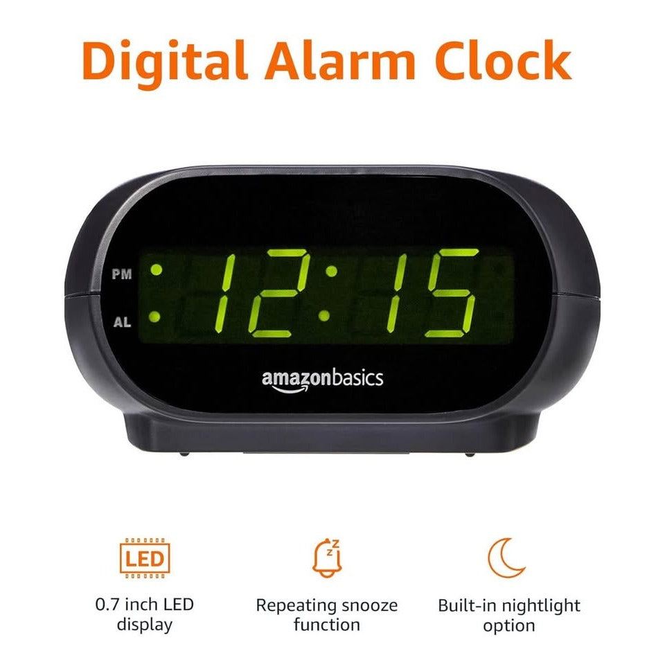 Amazon Basics Small Digital Oval Alarm Clock with LED Display, Nightlight, Snooze Function & Battery