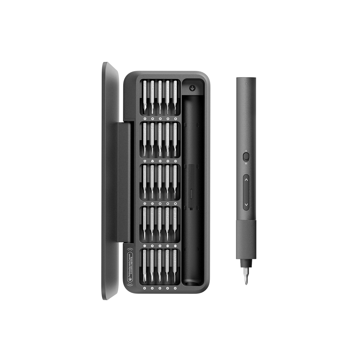 Electric Precision Screwdriver set with 25 magnetized bits, shadowless LED light, magnetic storage, and anti-slip grip for fast, precise screwing.