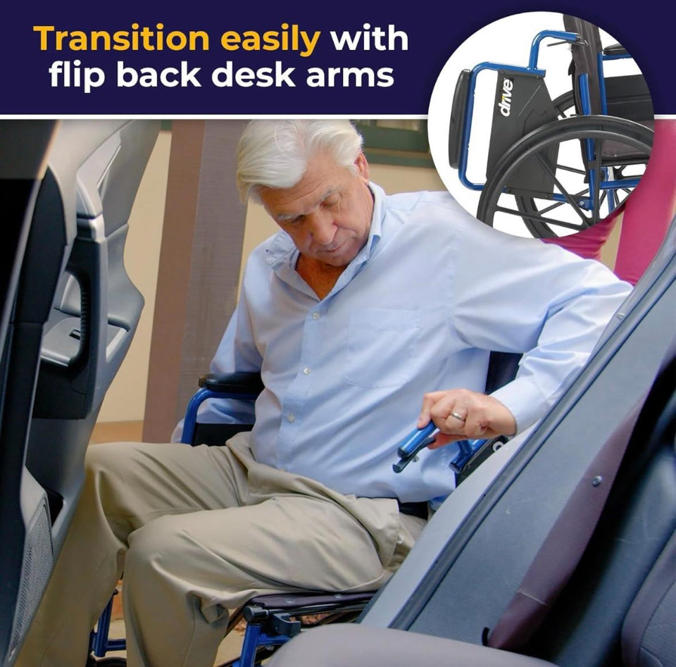 Open box new Drive Medical Blue Streak Wheelchair with Flip Back Desk Arms, Swing Away Footrests,FoldingDesk Length Arms, Alloy Steel, 20 Inch Seat