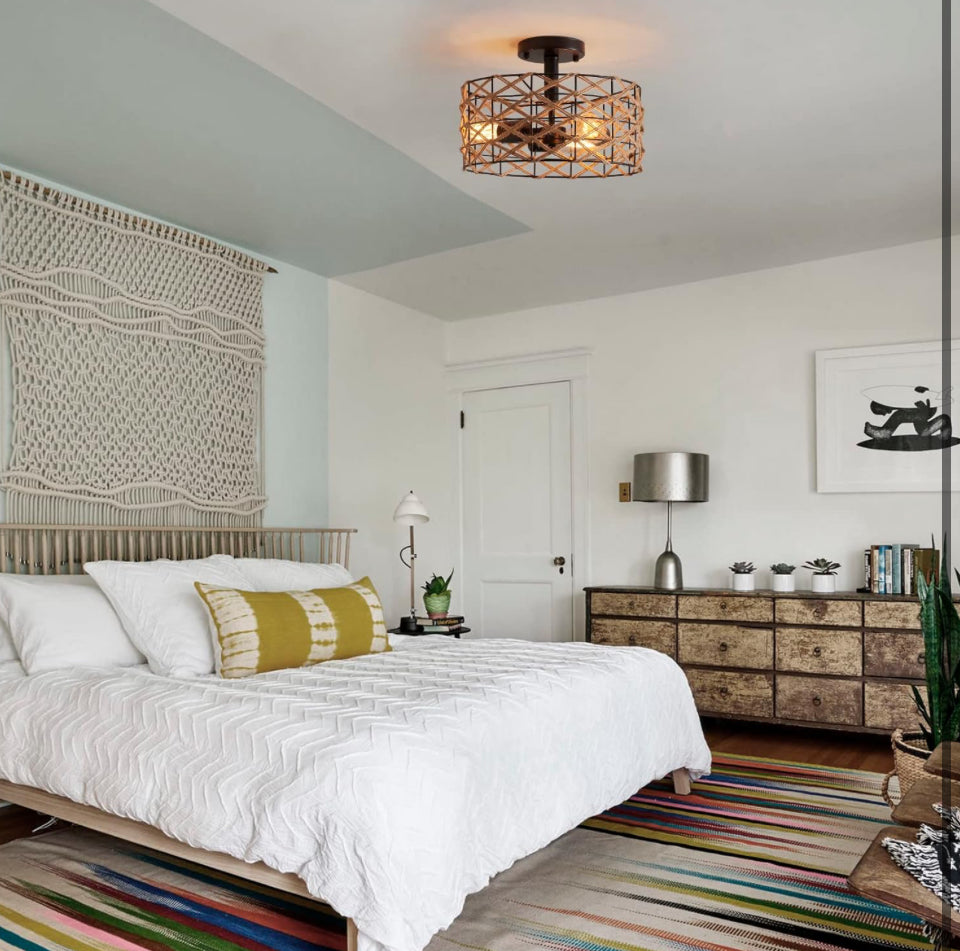 Open Box BUXVRCS Boho Flush Mount Ceiling Light, 3-Lights Black Drum Rustic Industrial Hemp Rope Cage Overhead Light Fixture, Rattan Light Fixtures for Hallway Bedroom Kitchen Entryway Farmhouse E26 Base