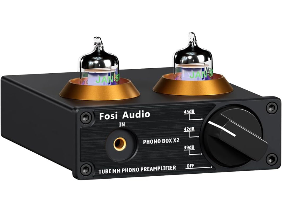 Fosi Audio Box X2 tube phono preamplifier with adjustable gain for turntables and vacuum tubes on top