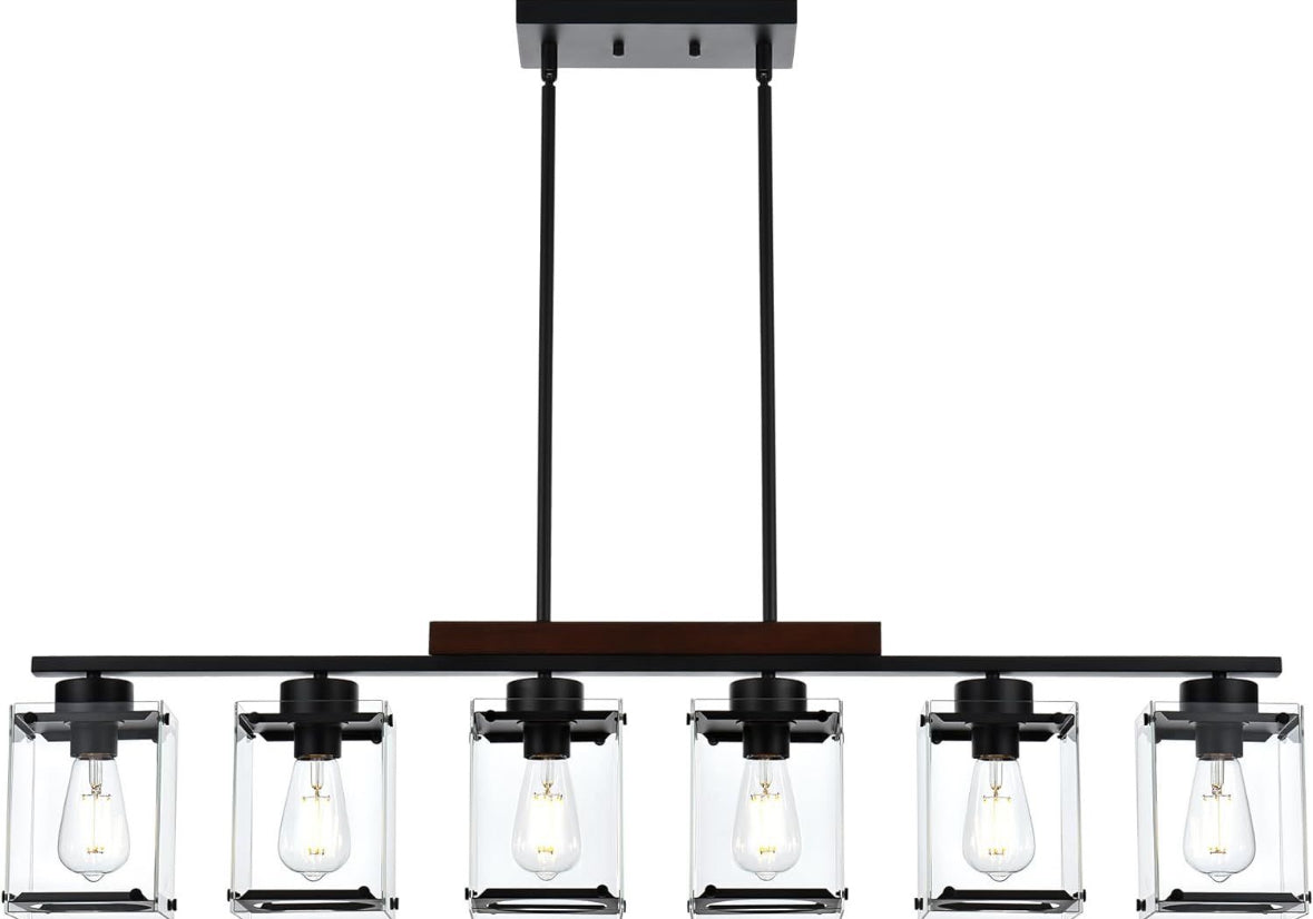 TULUCE 6 Light Farmhouse Chandelier with clear glass shades and black finish.