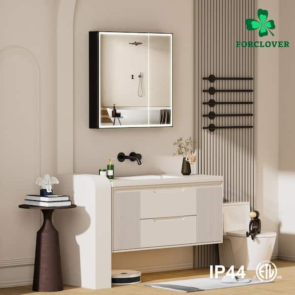 Open Box FORCLOVER 30 in. W x 30 in. H Rectangular Black Aluminum Recessed/Surface Mount LED Medicine Cabinet with Mirror,Outlet,Soft Close