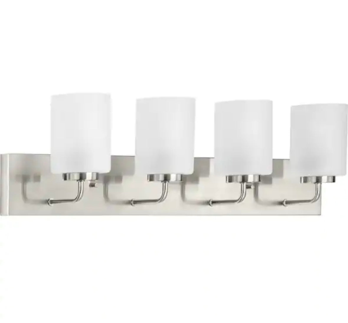 Progress Lighting Merry Collection 4-Light Bathroom Vanity Light in Brushed Nickel with Etched Glass.