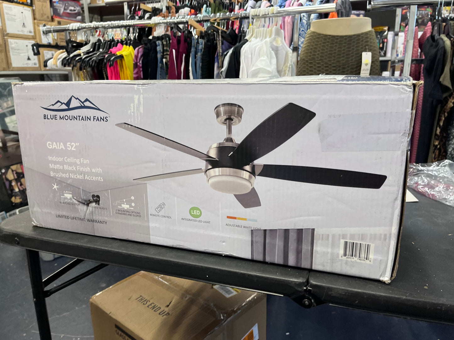 Open Box BLUE MOUNTAIN FANS Gaia 52 in. Indoor Matte Black and Brushed Nickel Ceiling Fan with Integrated LED Light Kit and Remote Control