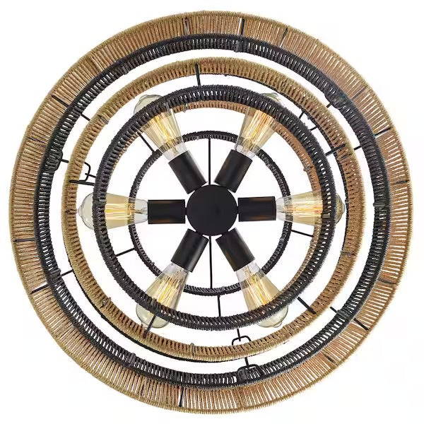 Open Box Prime Ray Luster Boho 24 in. 6-Light 7-Tier Hand Woven Rattan Pendant Chandelier Light with Large Shade and Black Finish