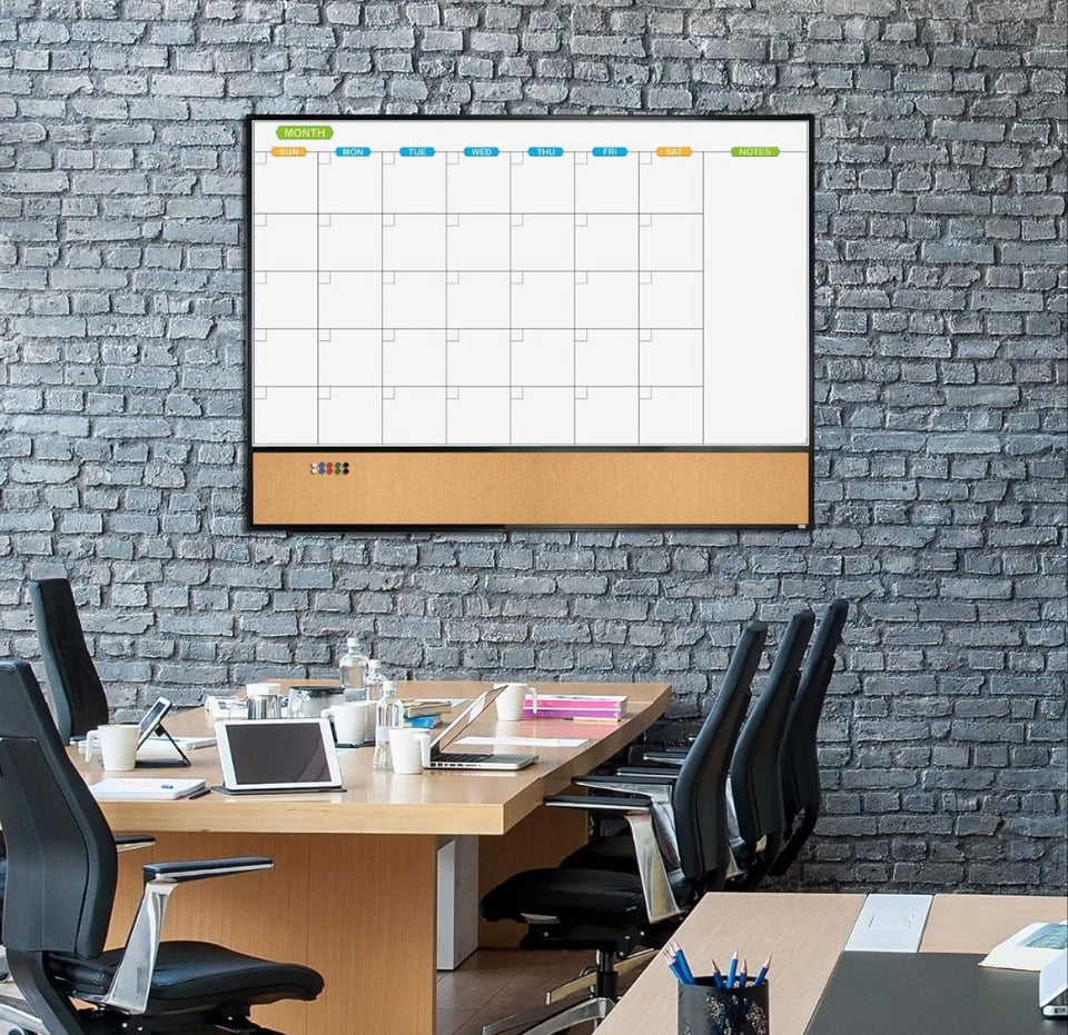 JILoffice Magnetic Calendar Whiteboard & Bulletin Corkboard Combination, Combo Board 48 × 36 Inch, Black Aluminum Frame Wall Mounted Board for Office Home and School with 10 Push Pins