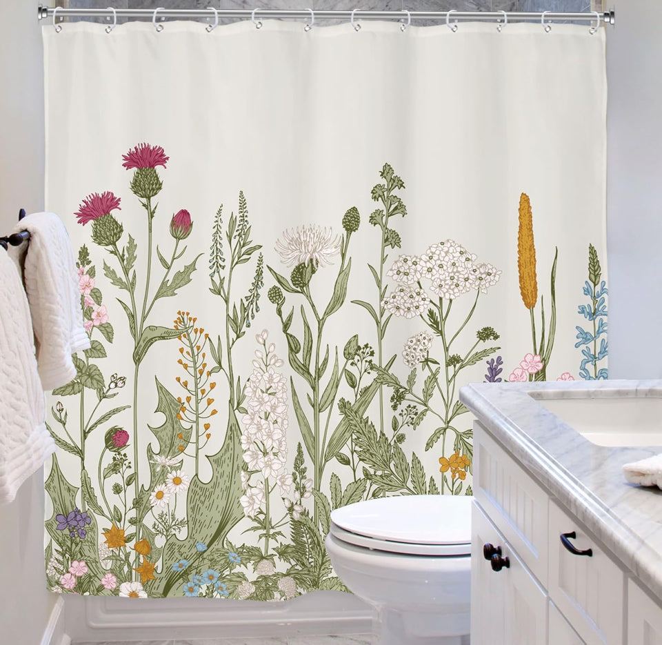 USED Riyidecor Wildflower Botanical Shower Curtain for Bathroom Decor 72Wx72H Inch Floral Flower Plant Herbs Sage Green Leaves Decorative Bath Set Bathroom Accessories Fabric Waterproof 12 Pack Hooks