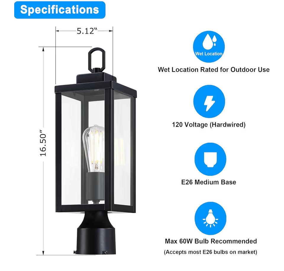 Open Box New YAOKUEM Outdoor Post Light, Pole Lantern, E26 Base 60W Max, Metal Housing Plus Glass, Wet Location Rated, Bulbs not Included, Matte Black