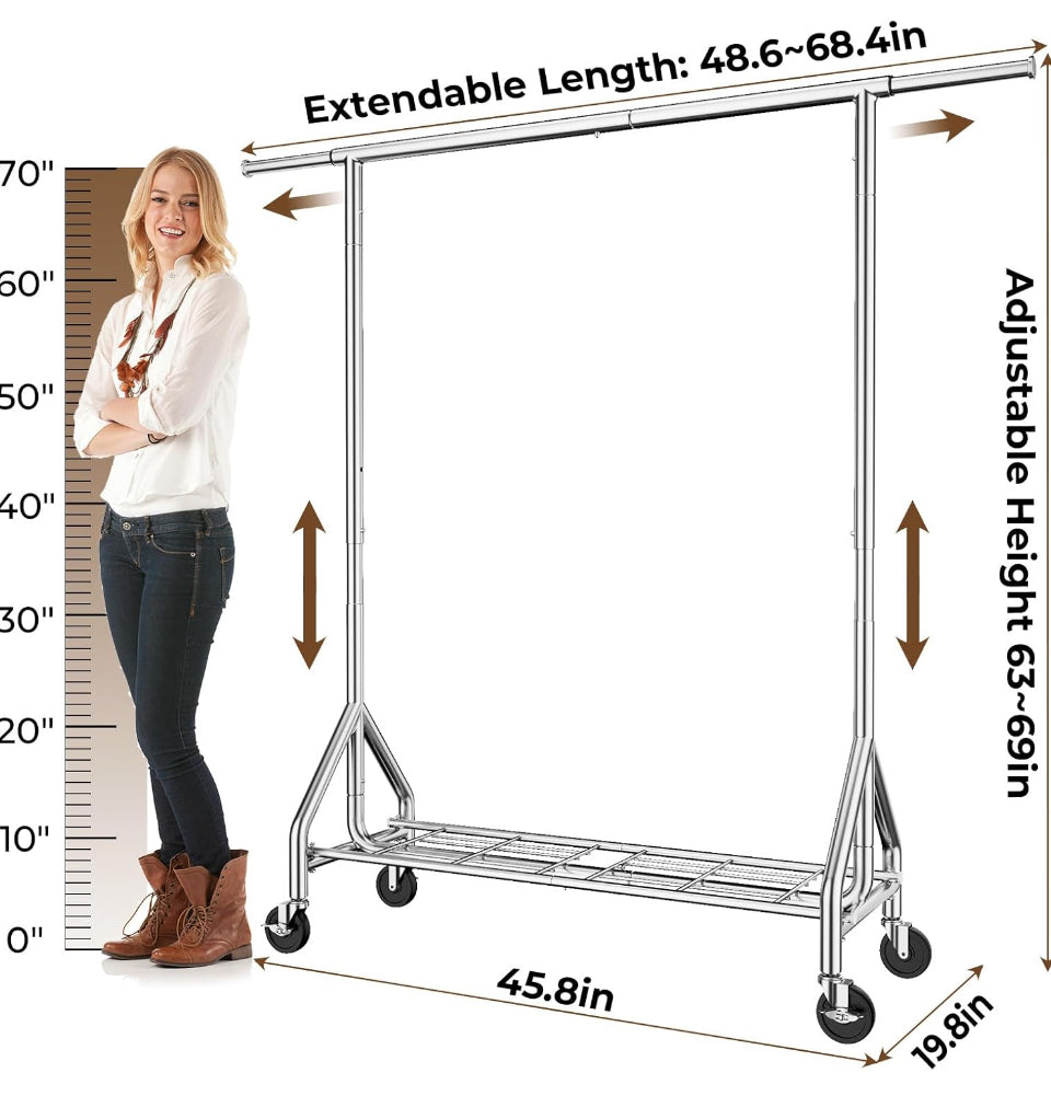 Open Box HYSEYY Heavy Duty Clothes Rack Load 450 LBS, Metal Garment Rack, Standing Rolling Clothing Rack for Hanging Clothes with Sturdy Wheels & Shel