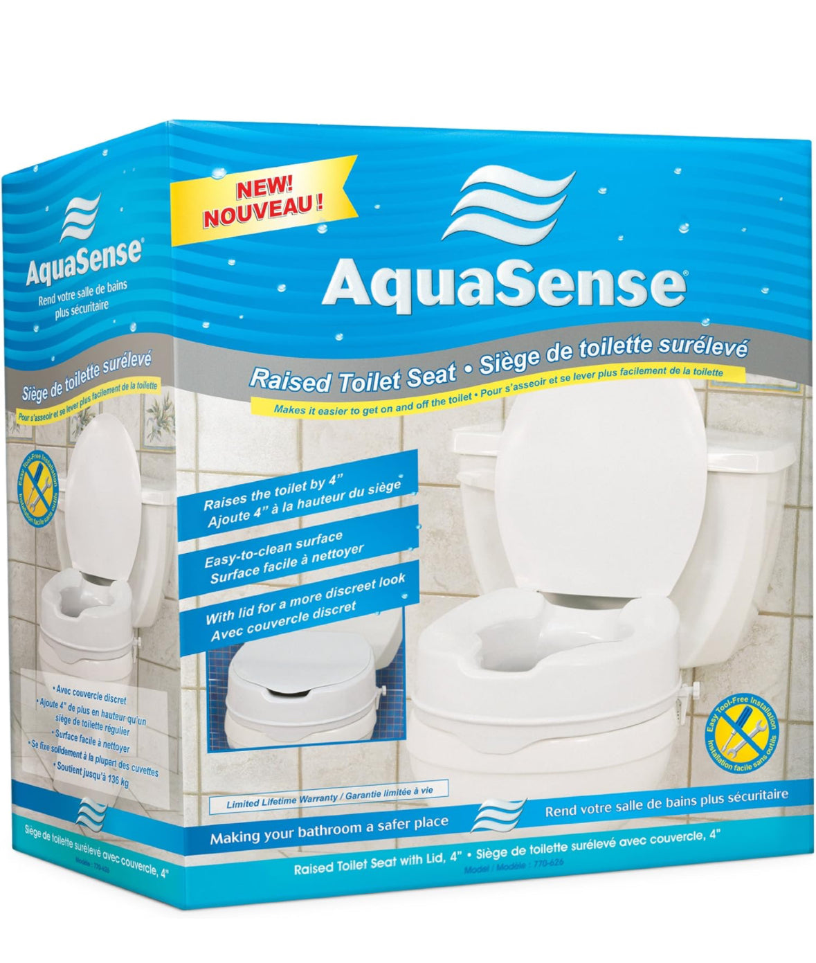 Drive Medical 770-626 AquaSense Raised Toilet Seat with Lid, Standard Seat, White