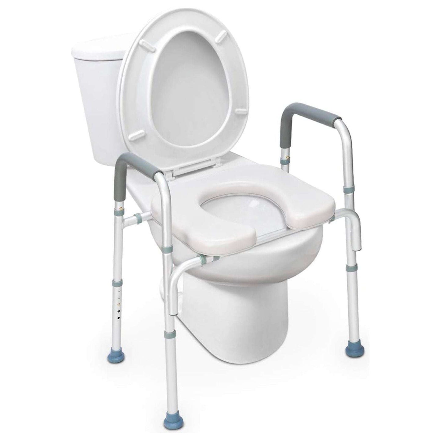 Raised toilet seat with padded arms, designed for safety and comfort, supports up to 300 pounds.